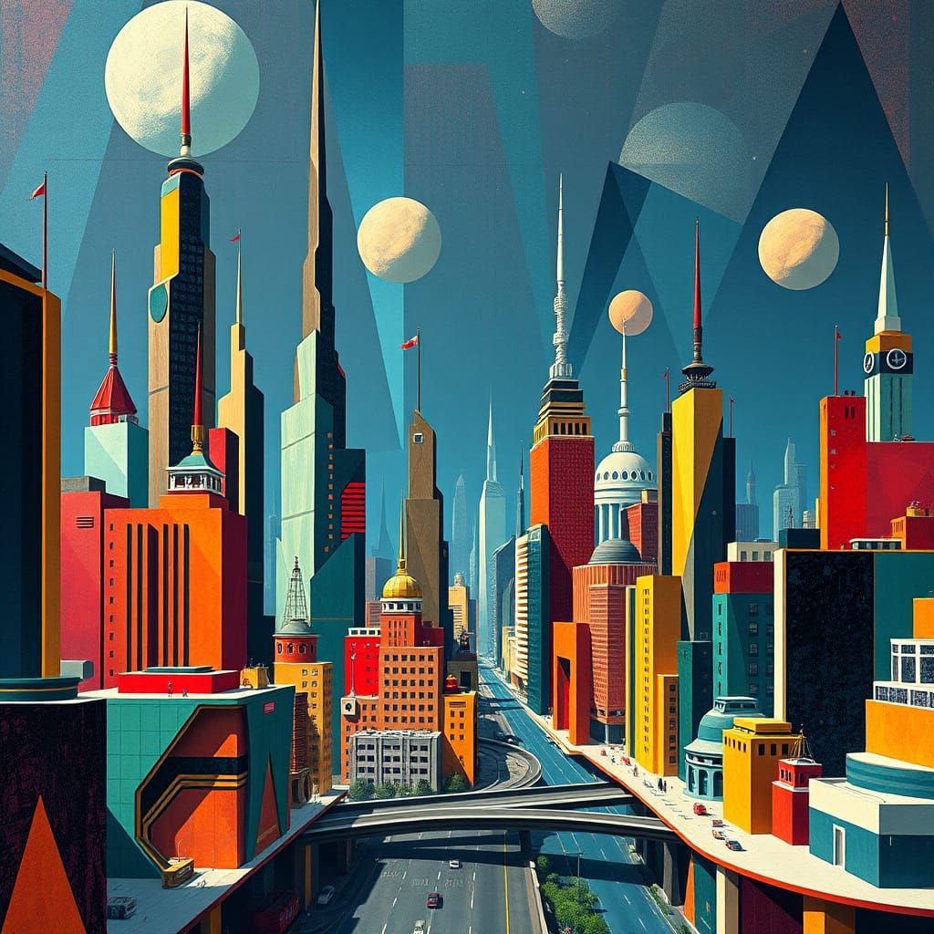 Kandinsky-Inspired Futuristic Cityscape in 3D