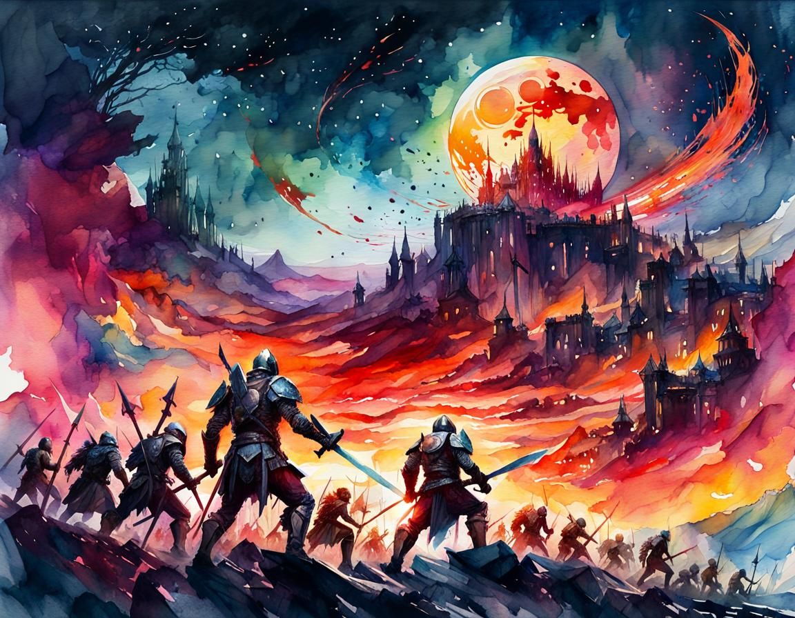 Knight vs Orcs: Sunset Watercolor Illustration