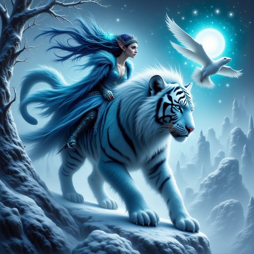 "Magische Reise der Nacht: Elfen, Tiger, schneebedeckte Berge und ein fliegender Vogel im Mondlicht"