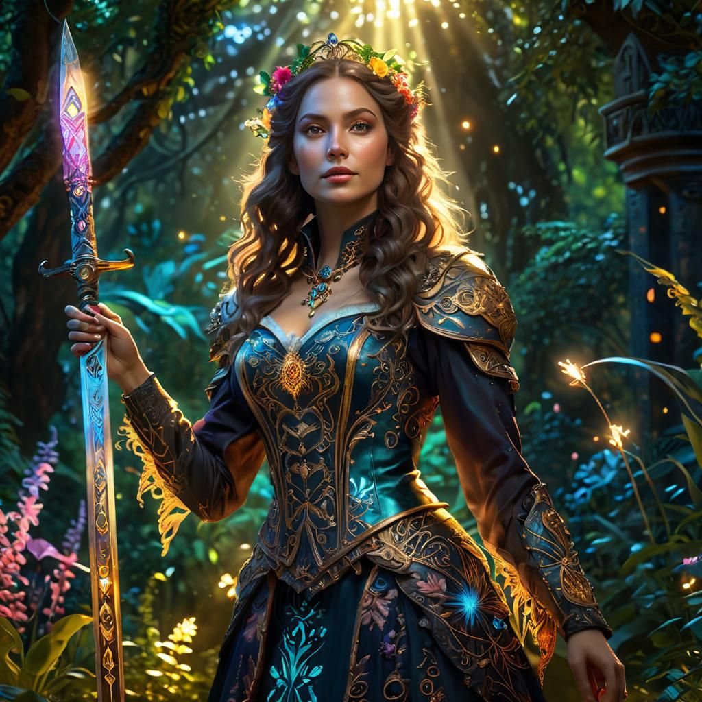 Victorian Woman with Sword in Botanical Garden