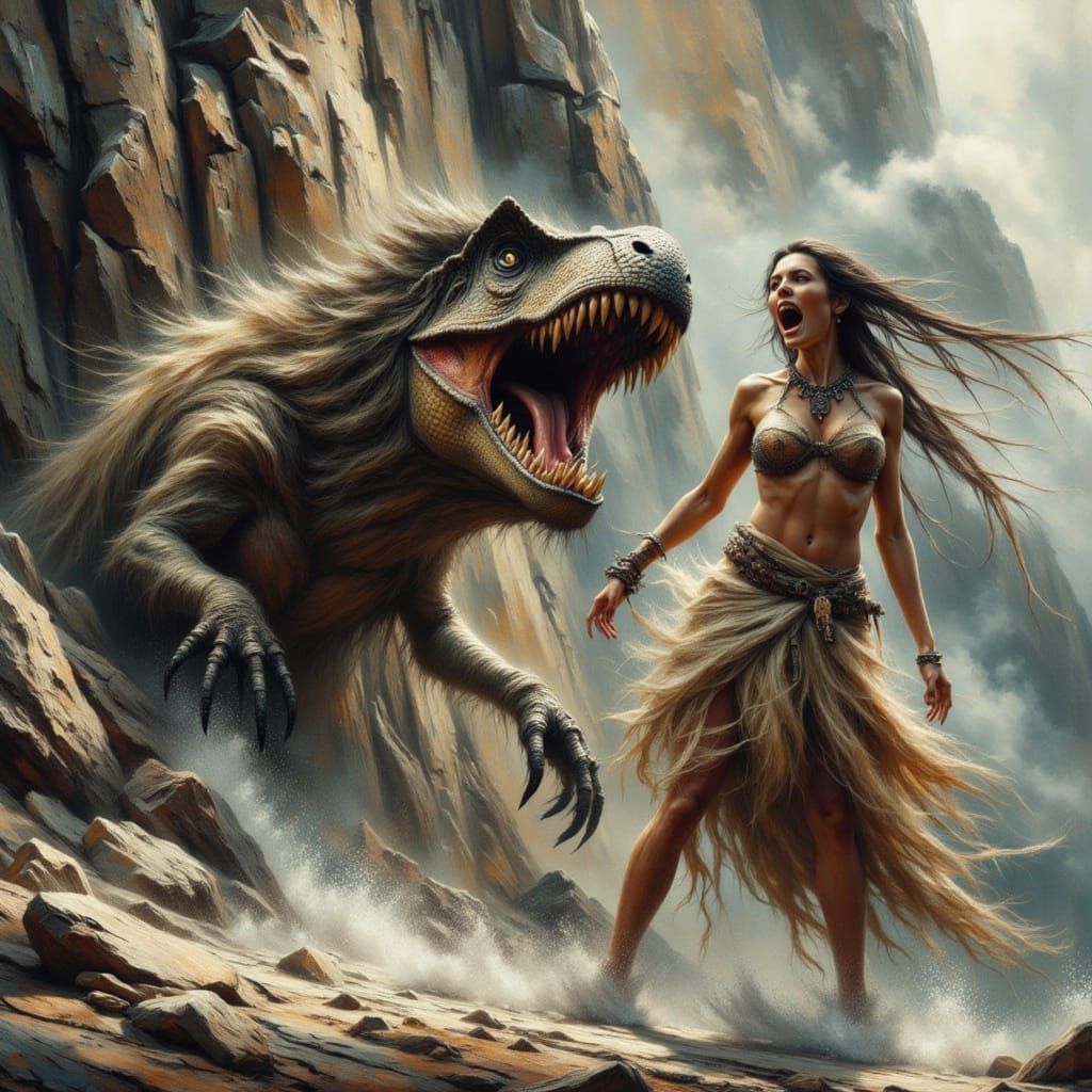 Prehistoric Cavewoman and Velociraptor in Impasto Style