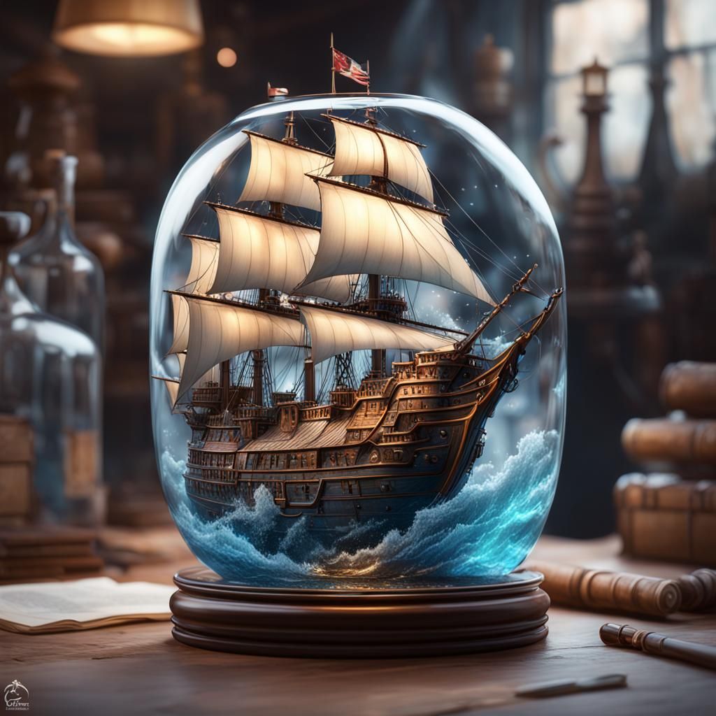 Black Pearl Ship in a Bottle: Digital Art