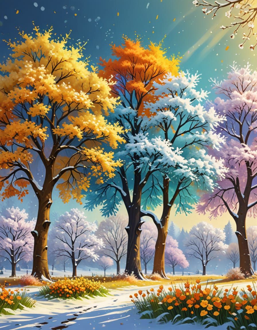 Four Seasons Trees in Vibrant Digital Art