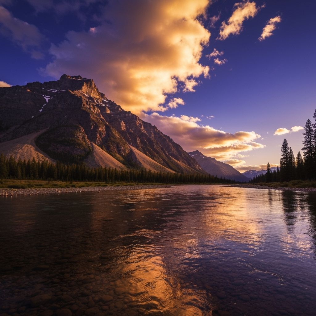 Majestic Mountain River Reflection at Sunset