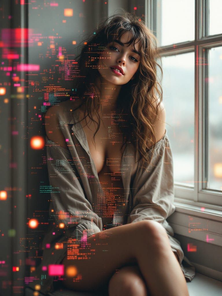 Woman's Gaze Revealing Digital Reality