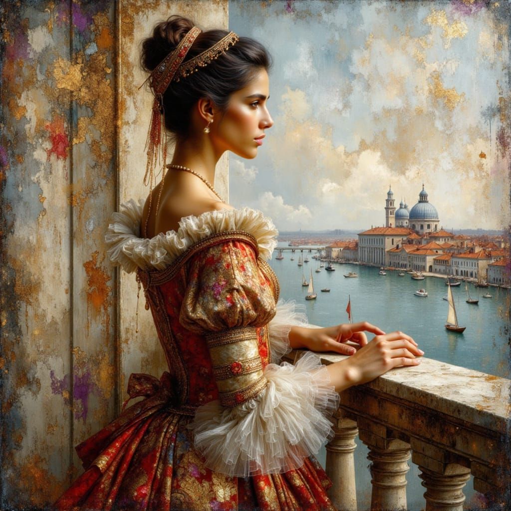 Italian Woman Overlooking Venetian Lagoon as Impasto Paintin...