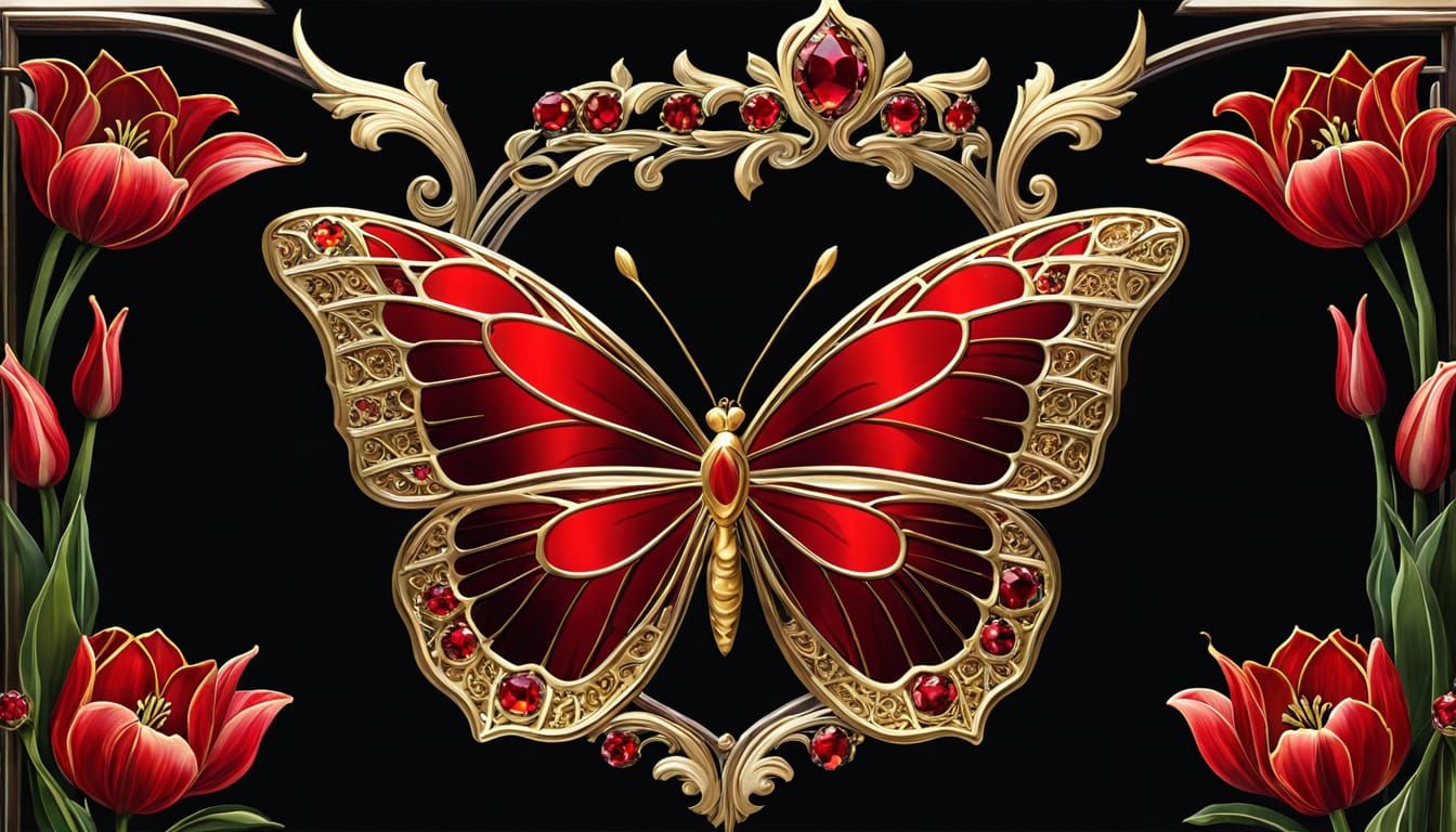 Gold Stained Glass Butterfly on Tulip: Digital Art