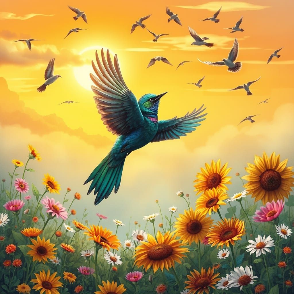 Iridescent Bird Takes Flight in Whimsical Sunset Scene