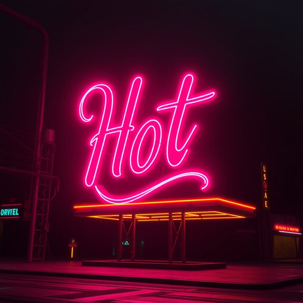 Vibrant Pink Neon Sign in Futuristic Cityscape