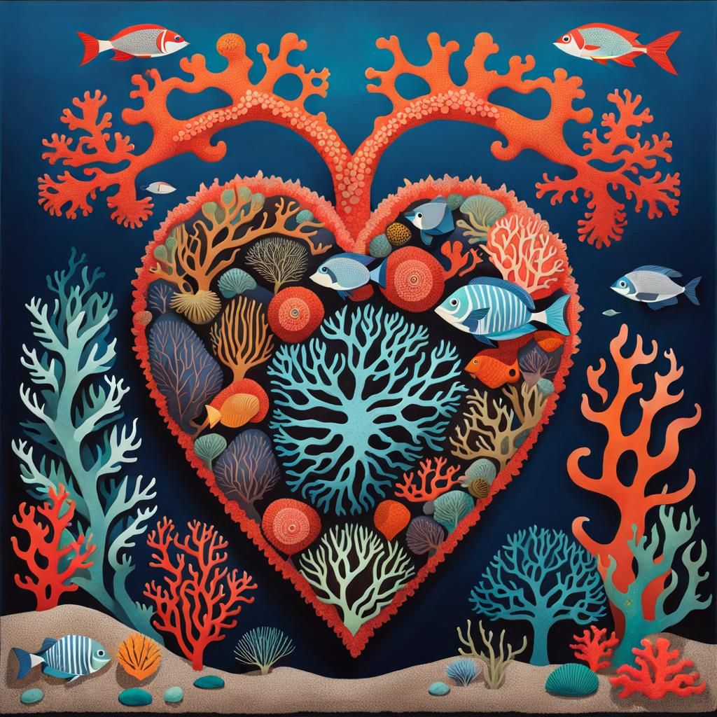 Coral Heart Whimsical Naive Art Seascape