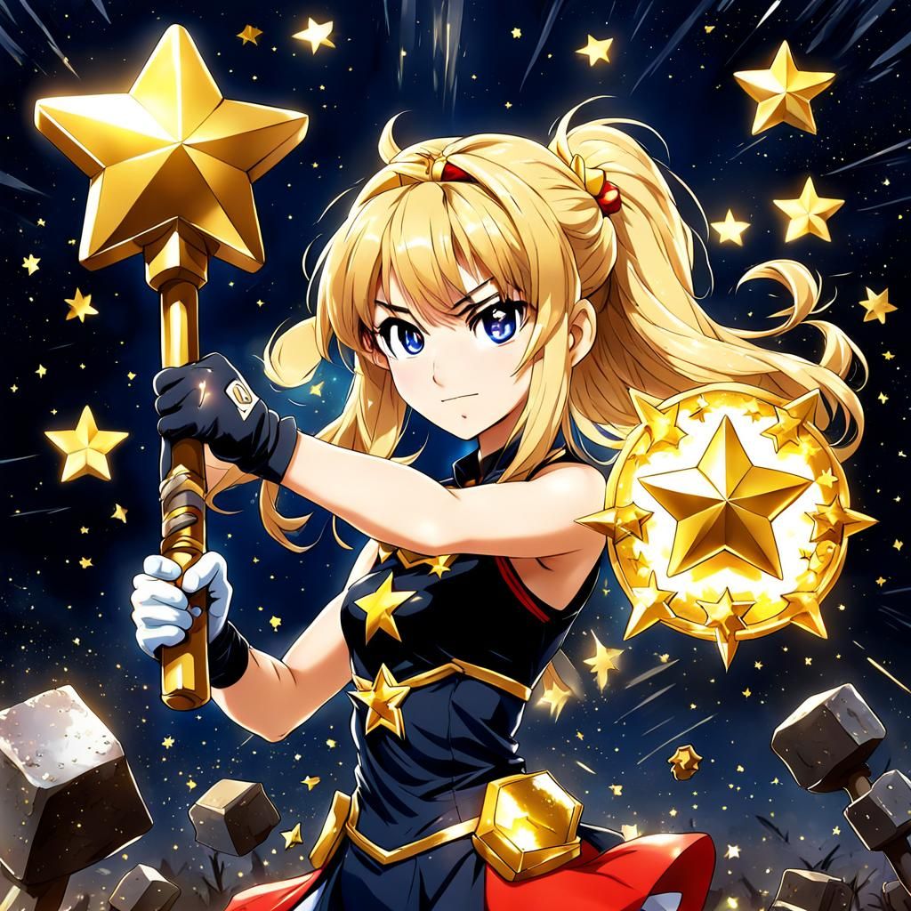 Anime Girl with Golden Hammer and Mario Stars
