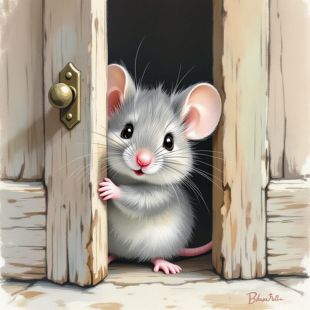 Whimsical Mouse Peeking from Behind a Door
