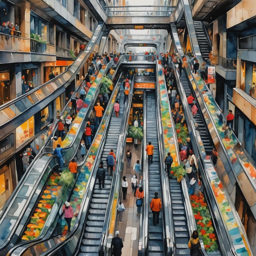 Endless City Escalator: Gouache and Watercolor Impression