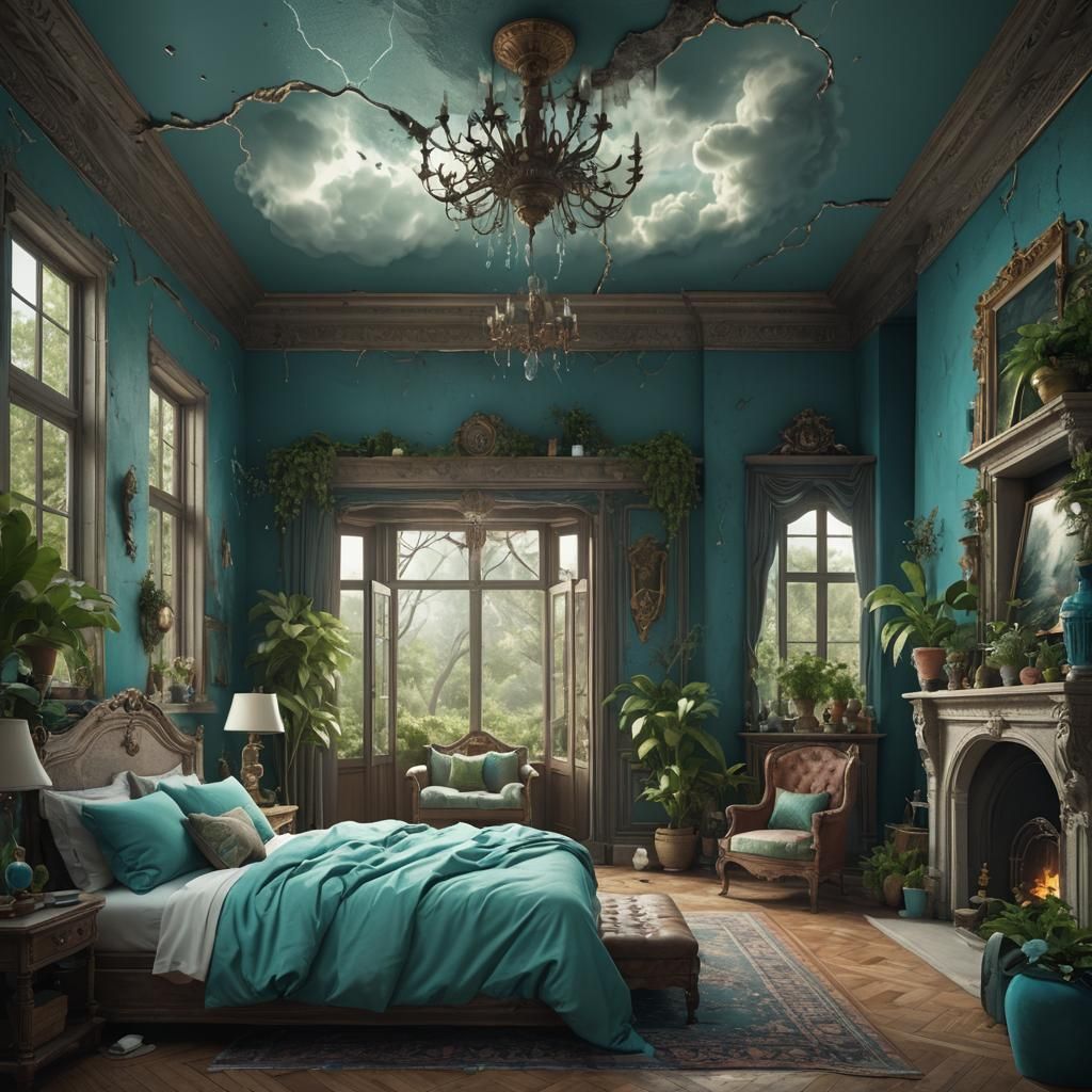 Lavish Bedroom with Turquoise Bedding and Thunderstorm