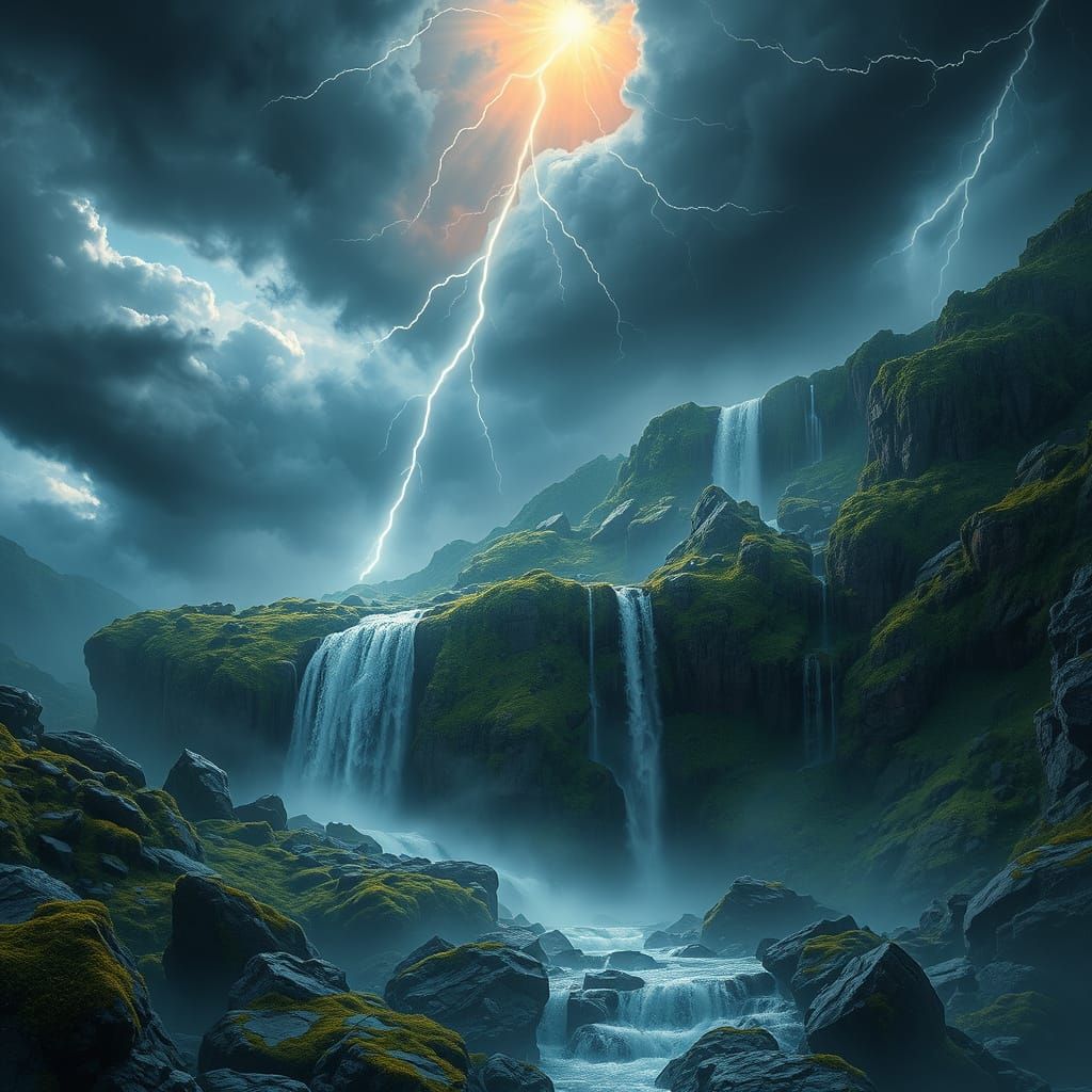Mystical Waterfall in a Stormy, Mossy Landscape