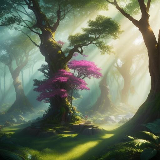 Peacock Woman in Whimsical Forest, Digital Art