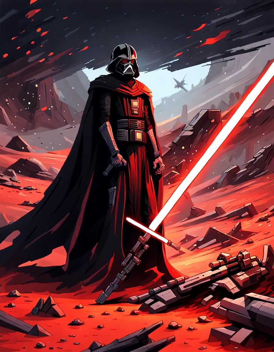 Menacing Sith Lord in Dark Fantasy Landscape