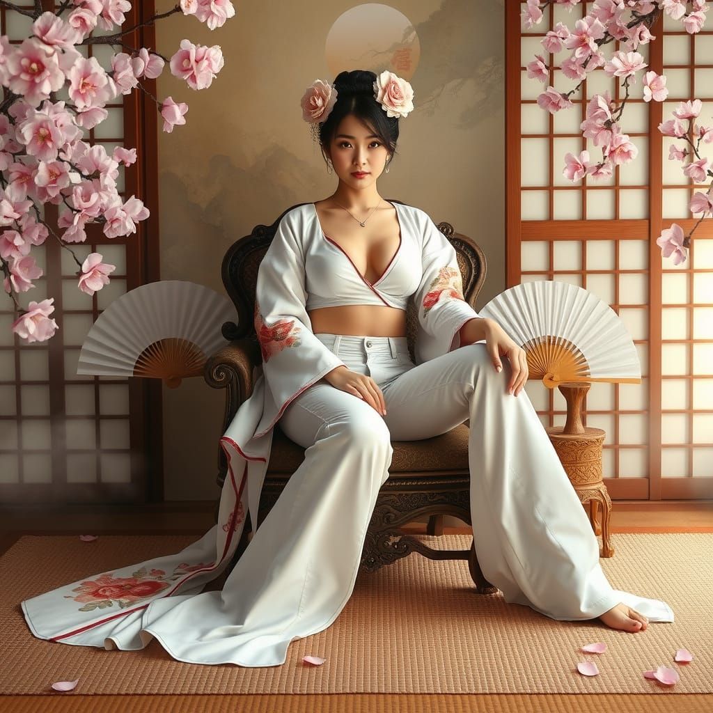 Geisha in Modern Attire on Ornate Chair with Cherry Blossoms