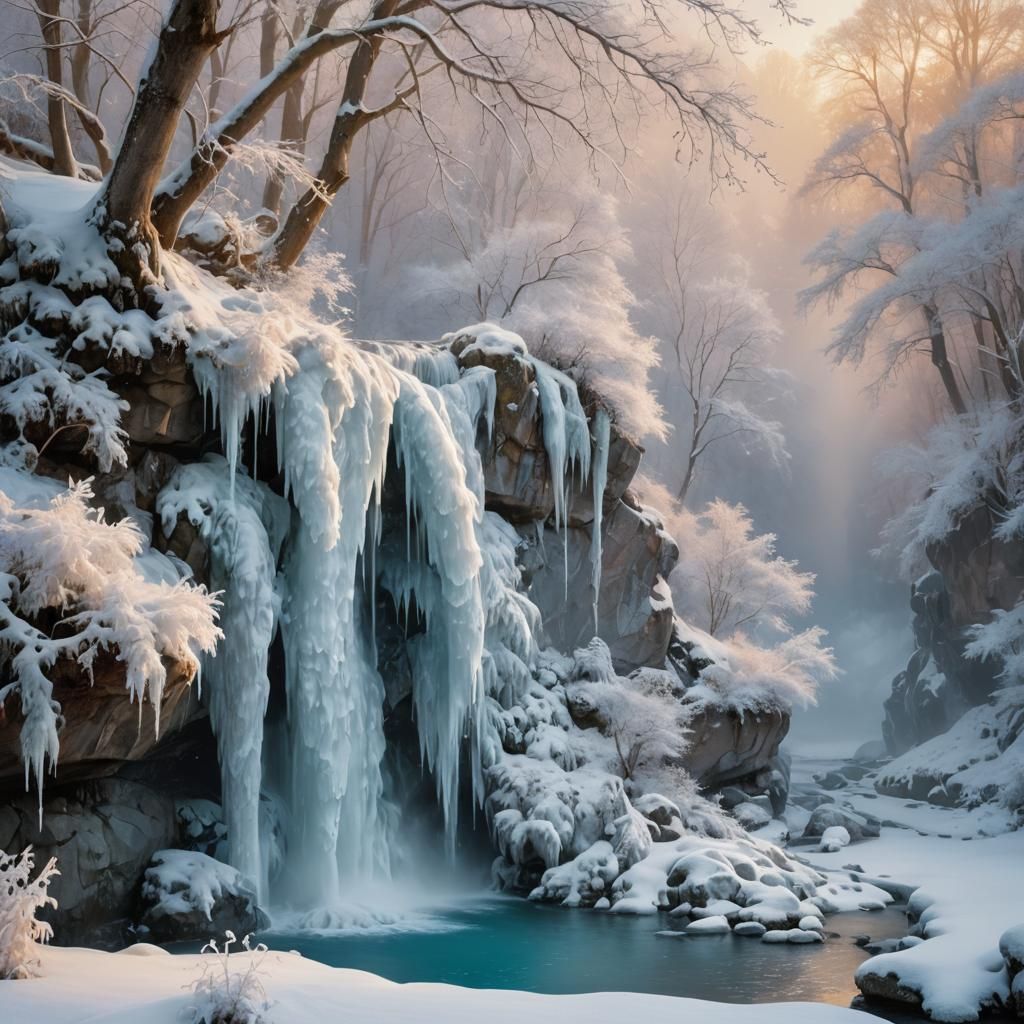 Majestic Frozen Waterfall in Ethereal Light