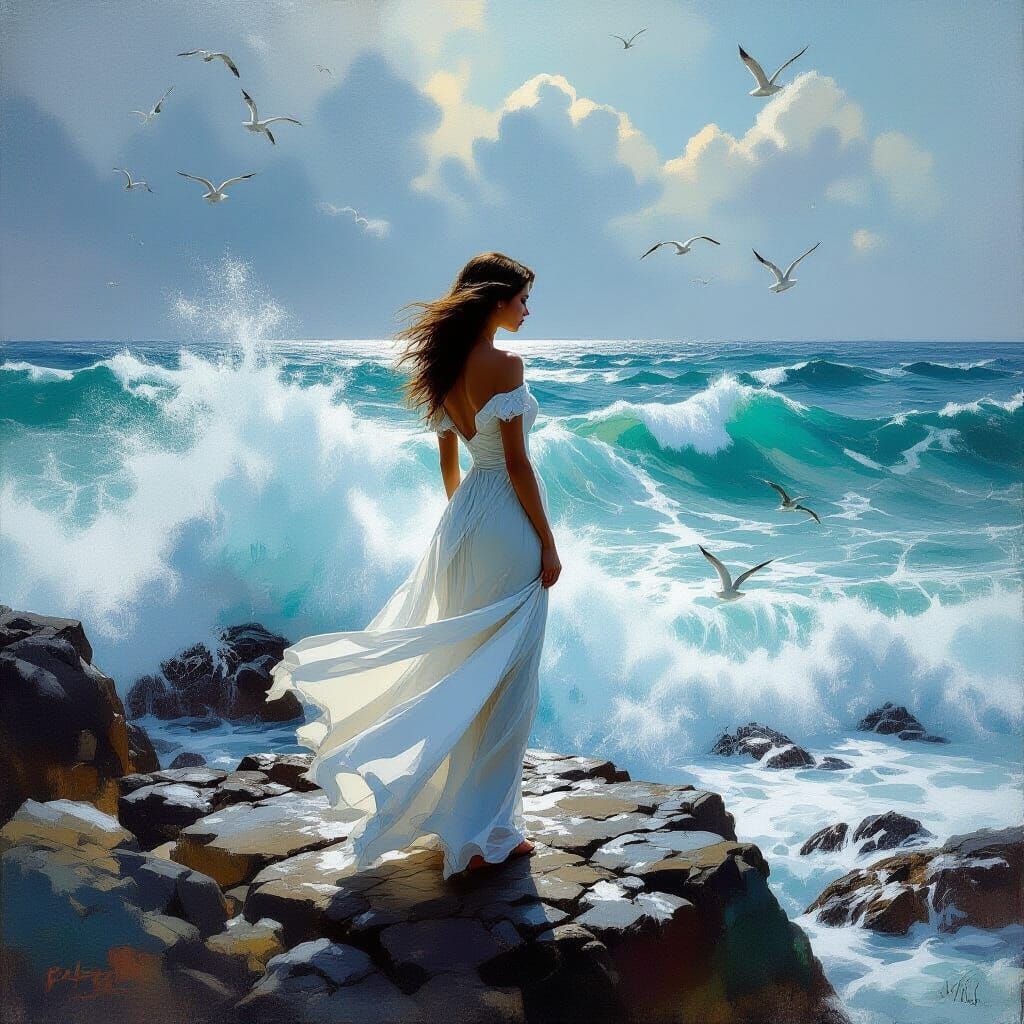 Woman by Turbulent Sea in Expressive, Dreamy Style