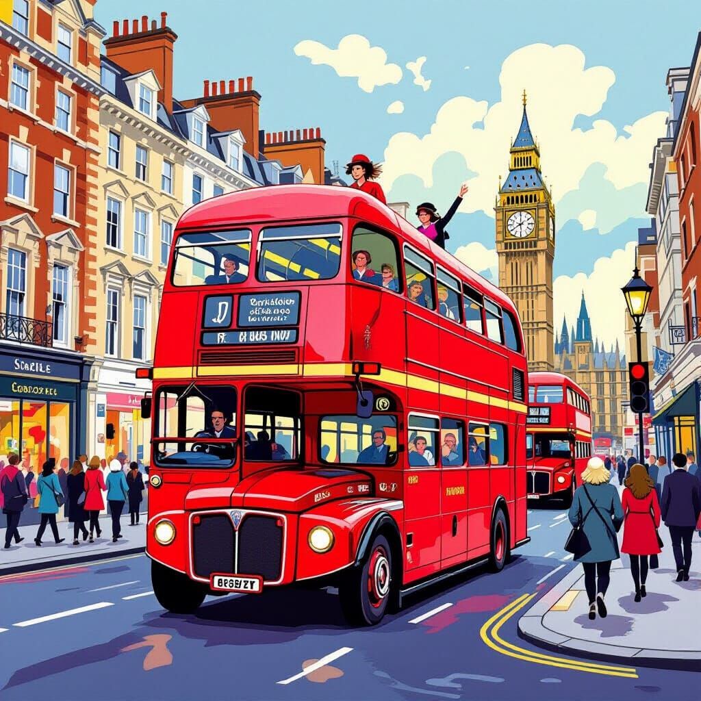 London Red Bus in Pop Surrealist Style