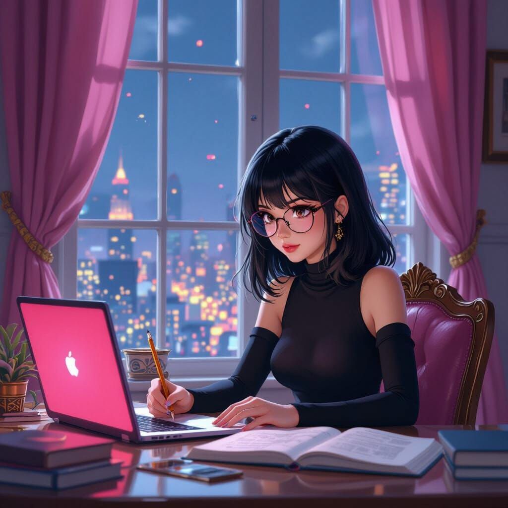 Anime Girl Studying at Desk with City View