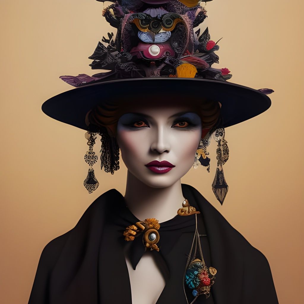 Woman with Surreal Hat in Ornate Style