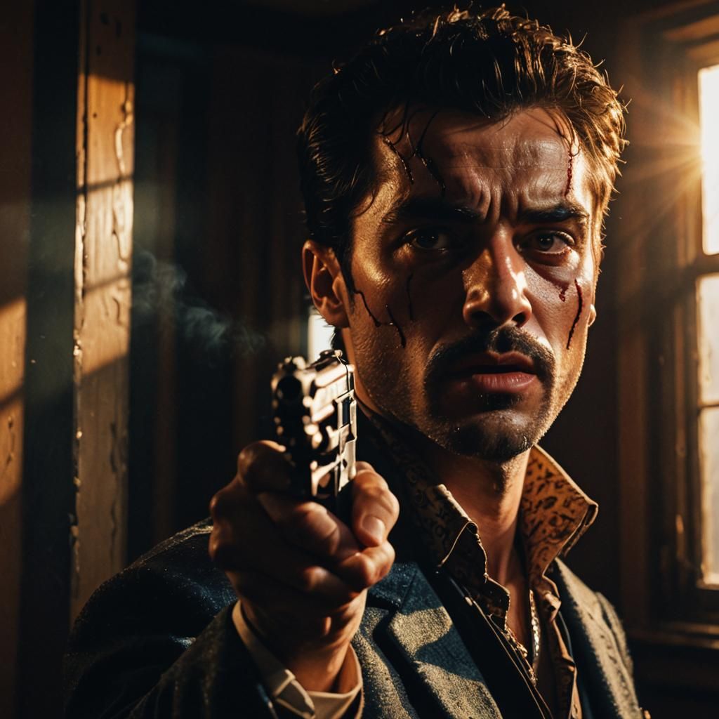 Dramatic Film Noir Portrait of Man with Gun