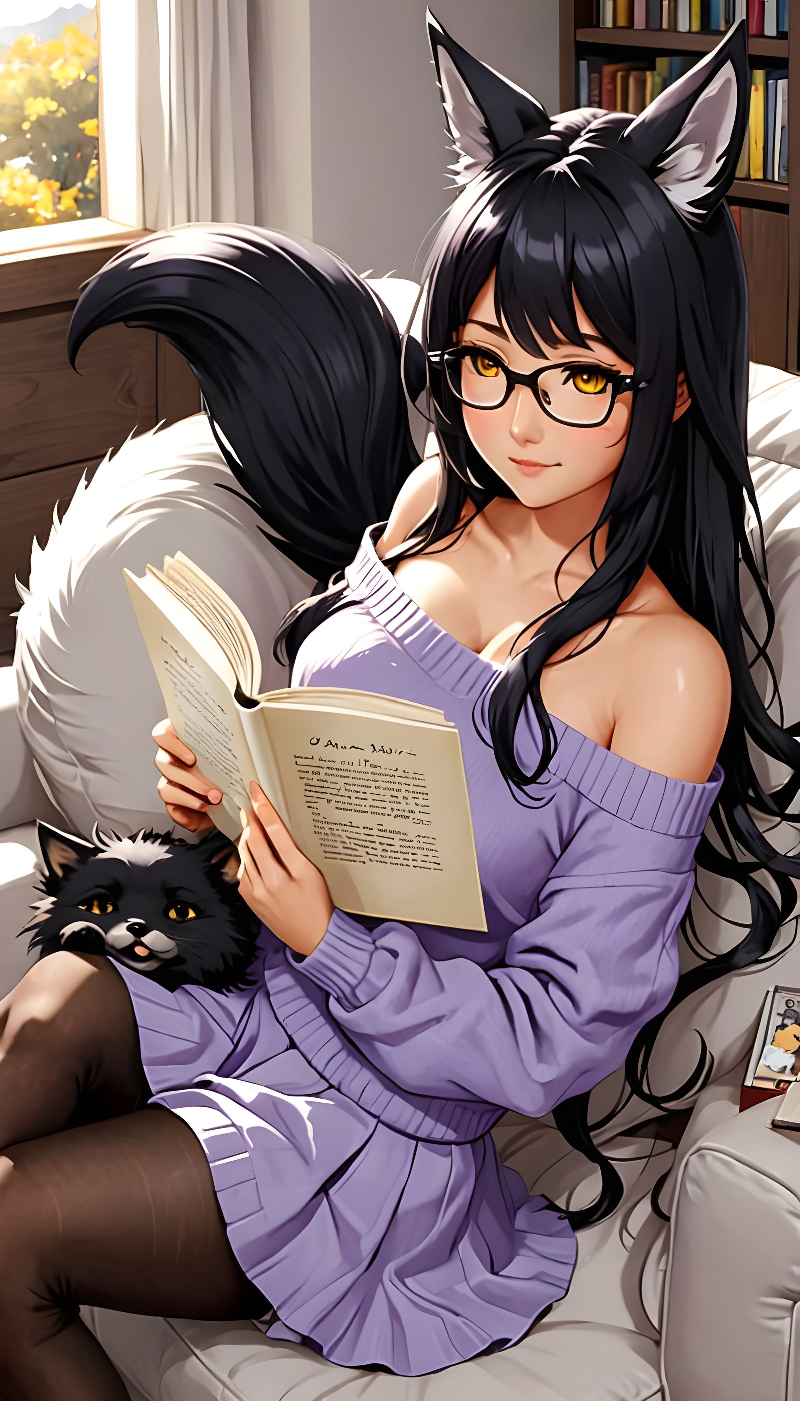Anime Girl with Fox Tail Reading a Book