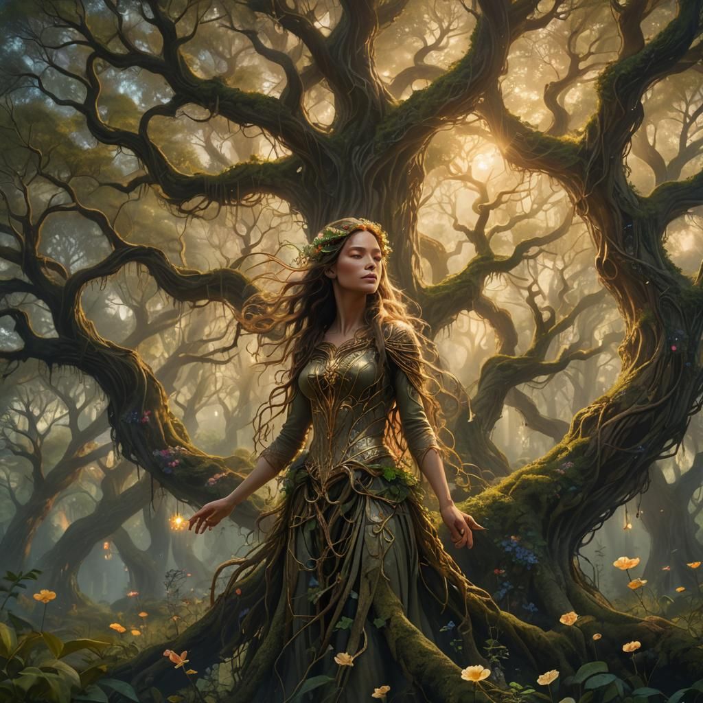 Mystical Forest Scene with Glowing Crystal