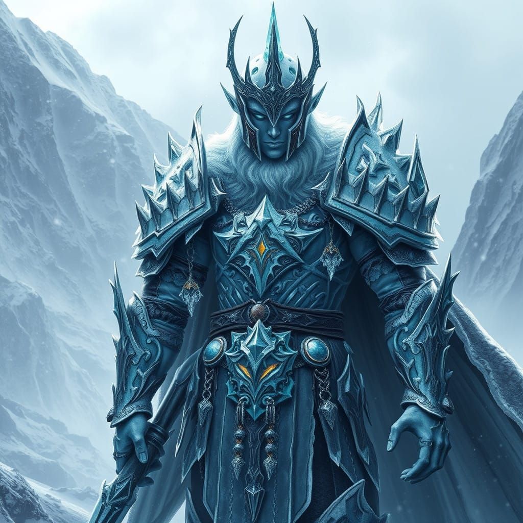 Regal Frostborn Warrior in Icy, Snow-Shrouded Landscape