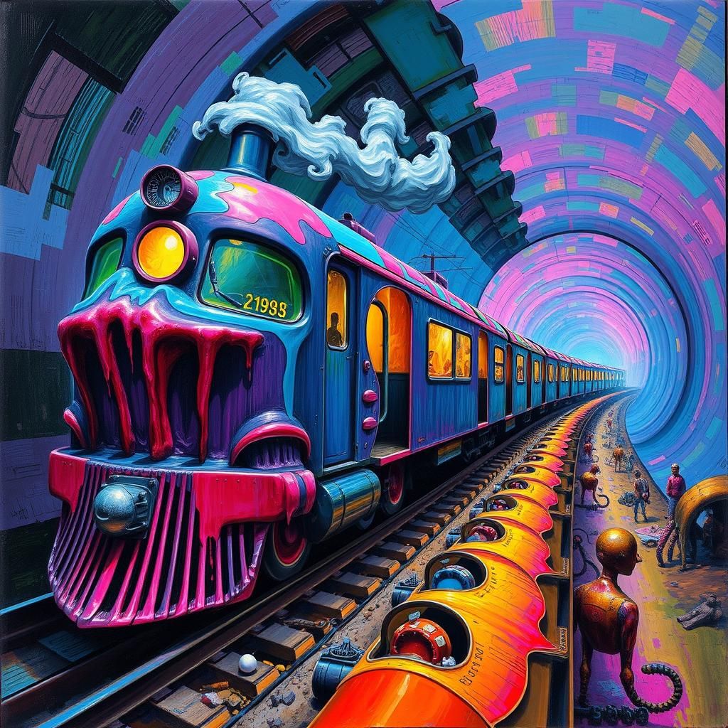 Surreal Train Speeding Through Dreamlike Tunnel