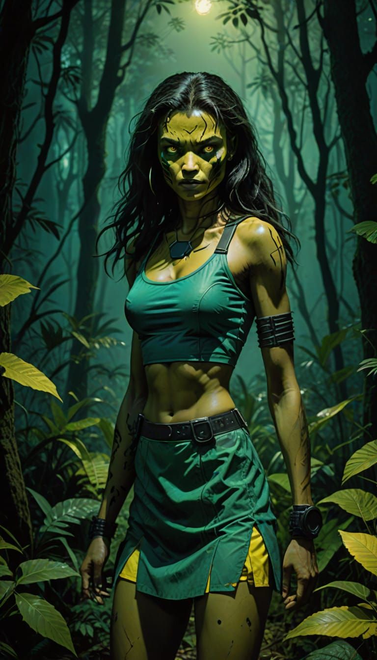 Surreal Goddess Emerges from Dark Forest in Cyberpunk Aesthe...