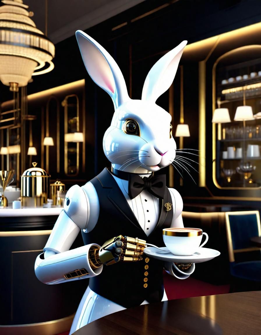 Cyborg Rabbit Butler Serves Coffee: 3D Render