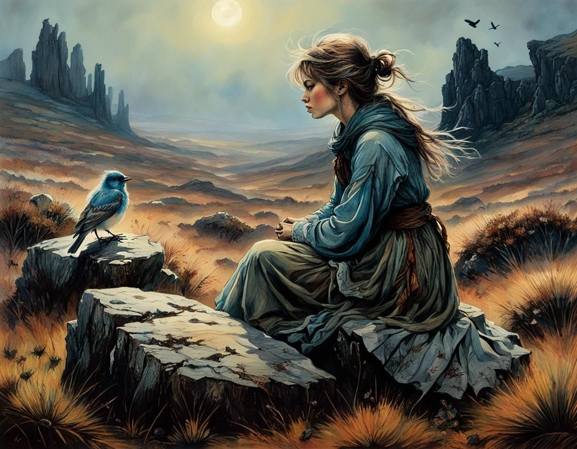 Whimsical Girl Enchants with Noctilucent Heathland Scene
