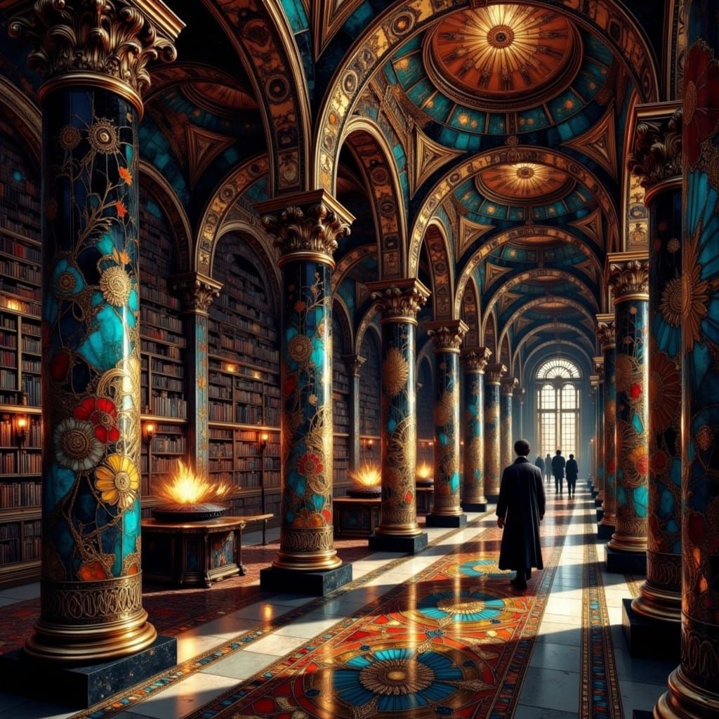 Ancient Library in Klimt and Mucha Style