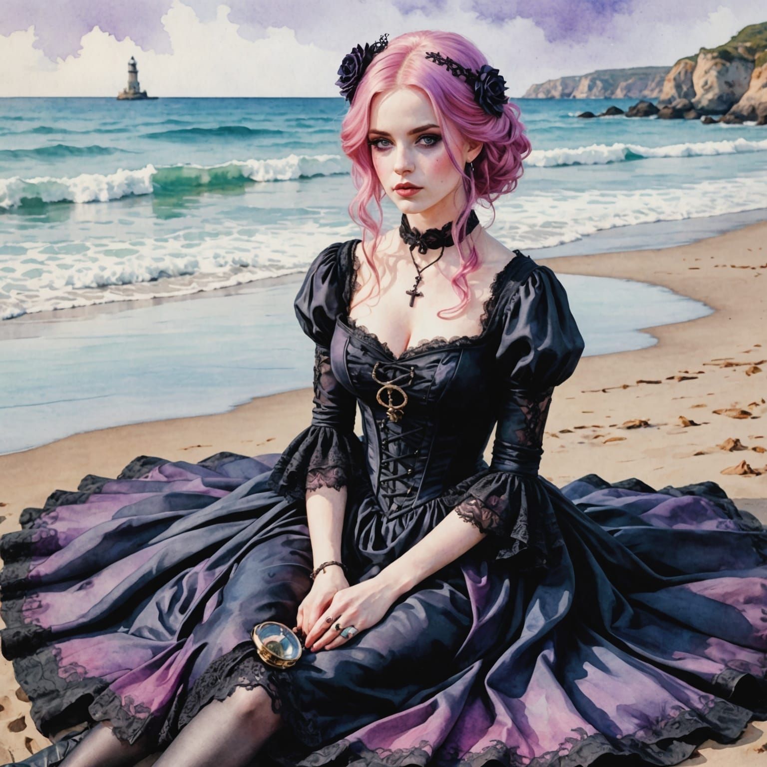 Watercolor Woman in Gothic Dress on Beach