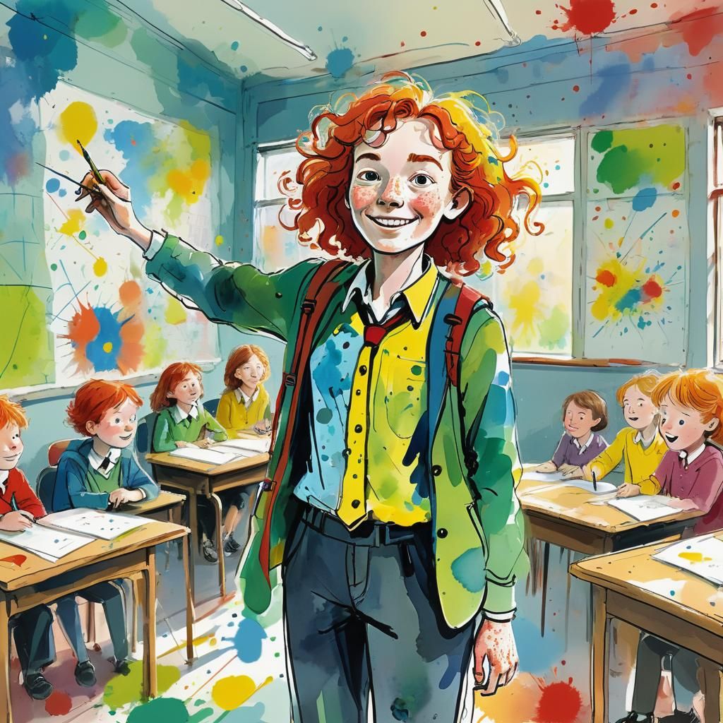 Red-Haired Teacher Illustration in Quentin Blake Style