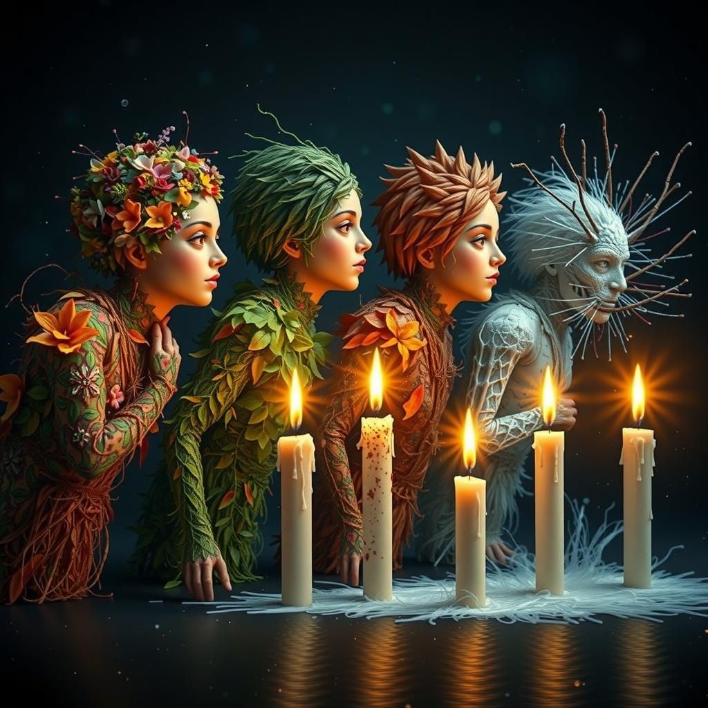 Surreal Figures Extinguishing Candles as Impasto Painting
