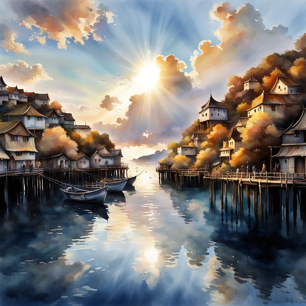 Dreamlike Watercolor of Floating Village by the Sea