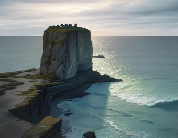 Dramatic Stone Platform by Sea: Cinematic Film Still