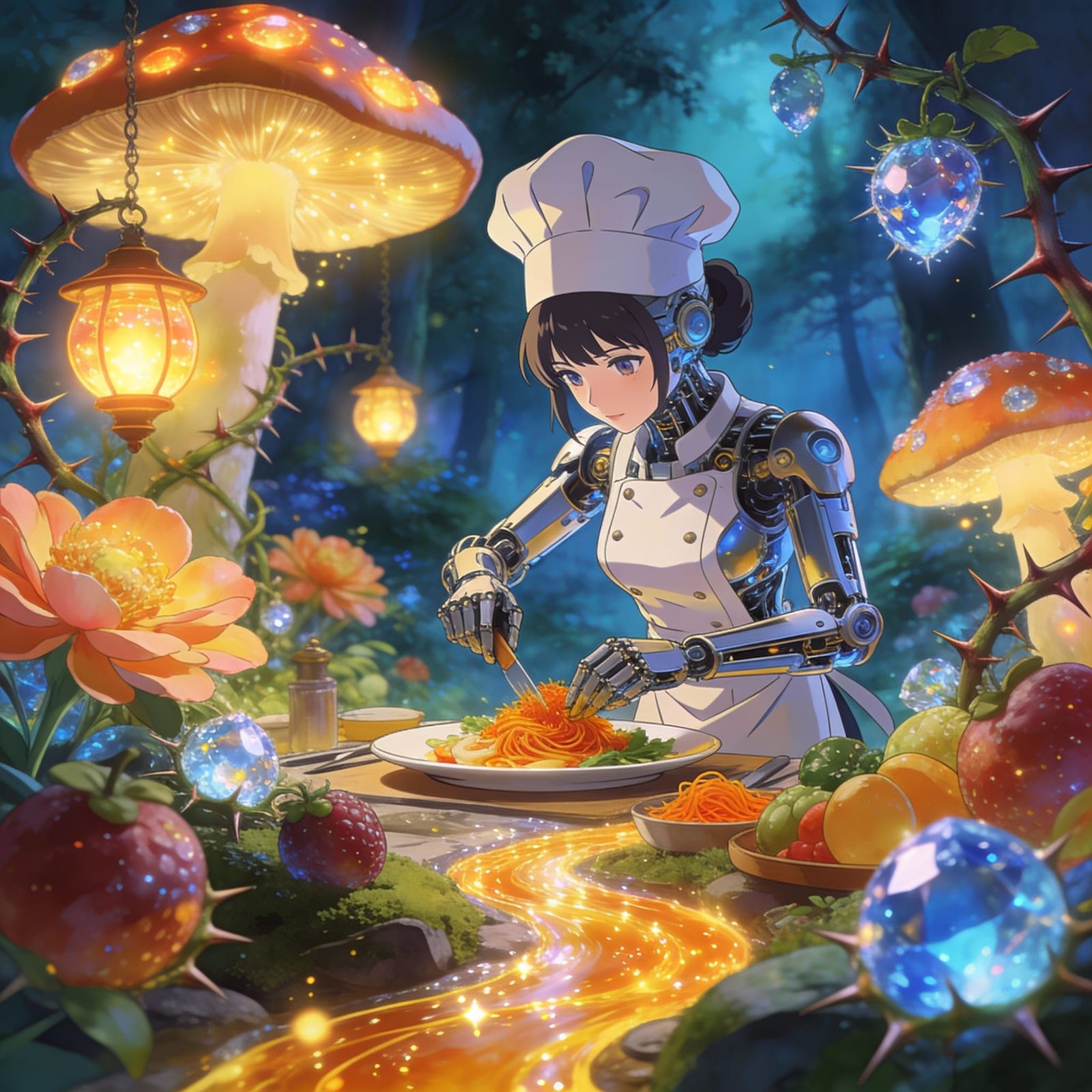 Robotic Chef in Enchanted Forest Clearing