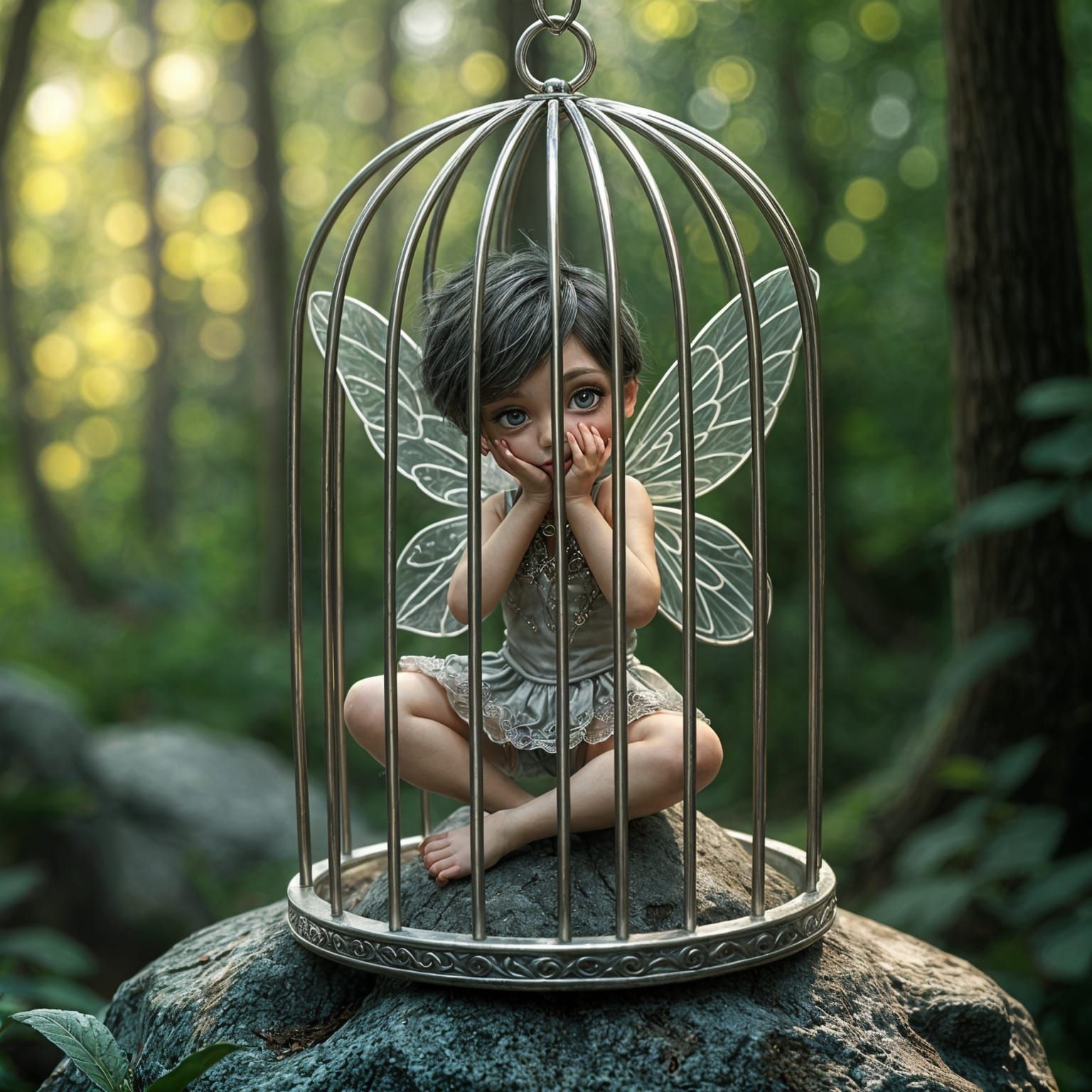 Filigree Fairy Crying in Silver Cage