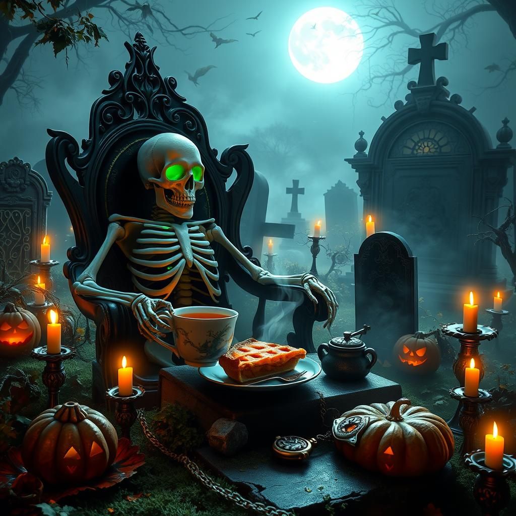 Skeleton's Tea Party in Cemetery, Gothic Horror Style