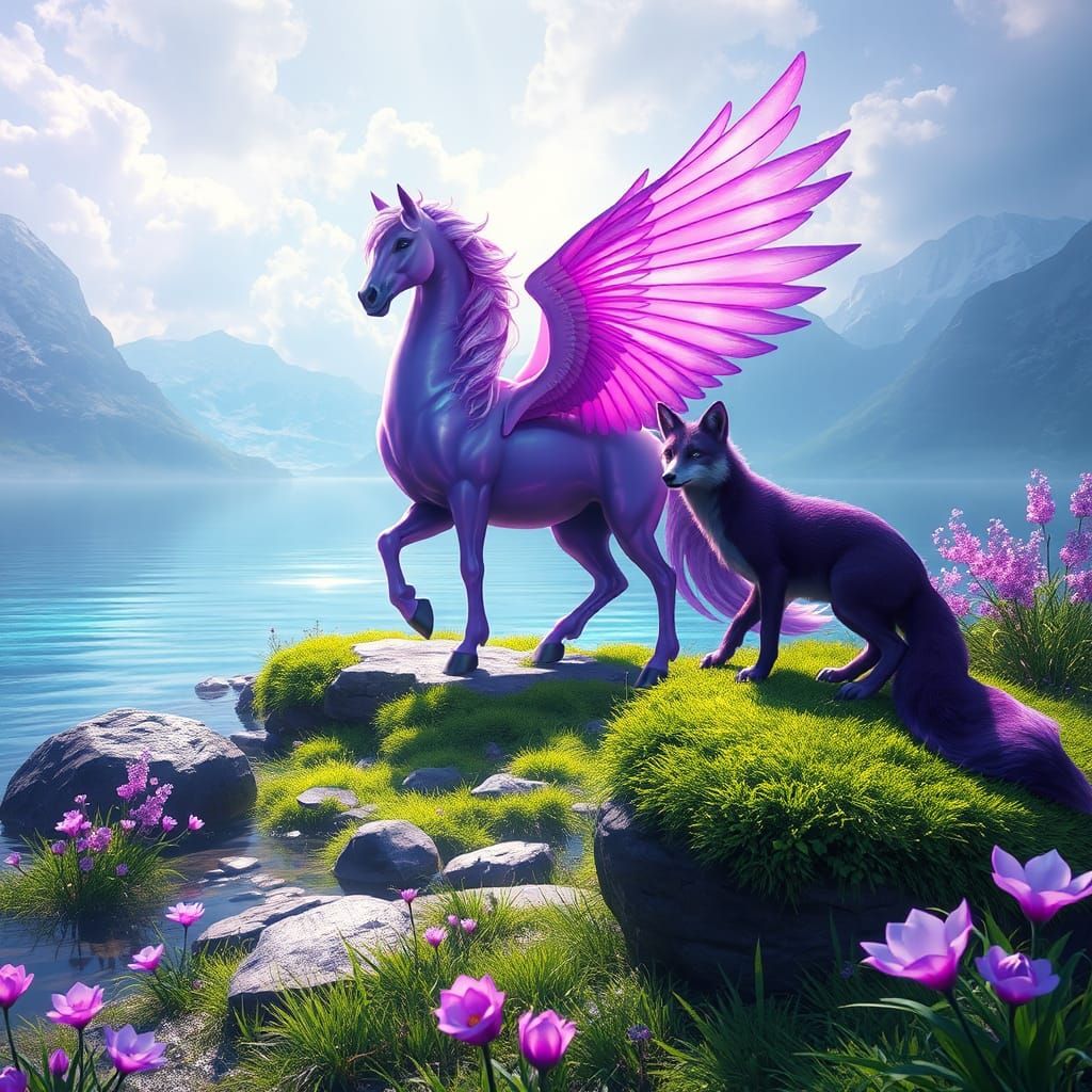 Purple Pegasus and Fox in Mystical Forest