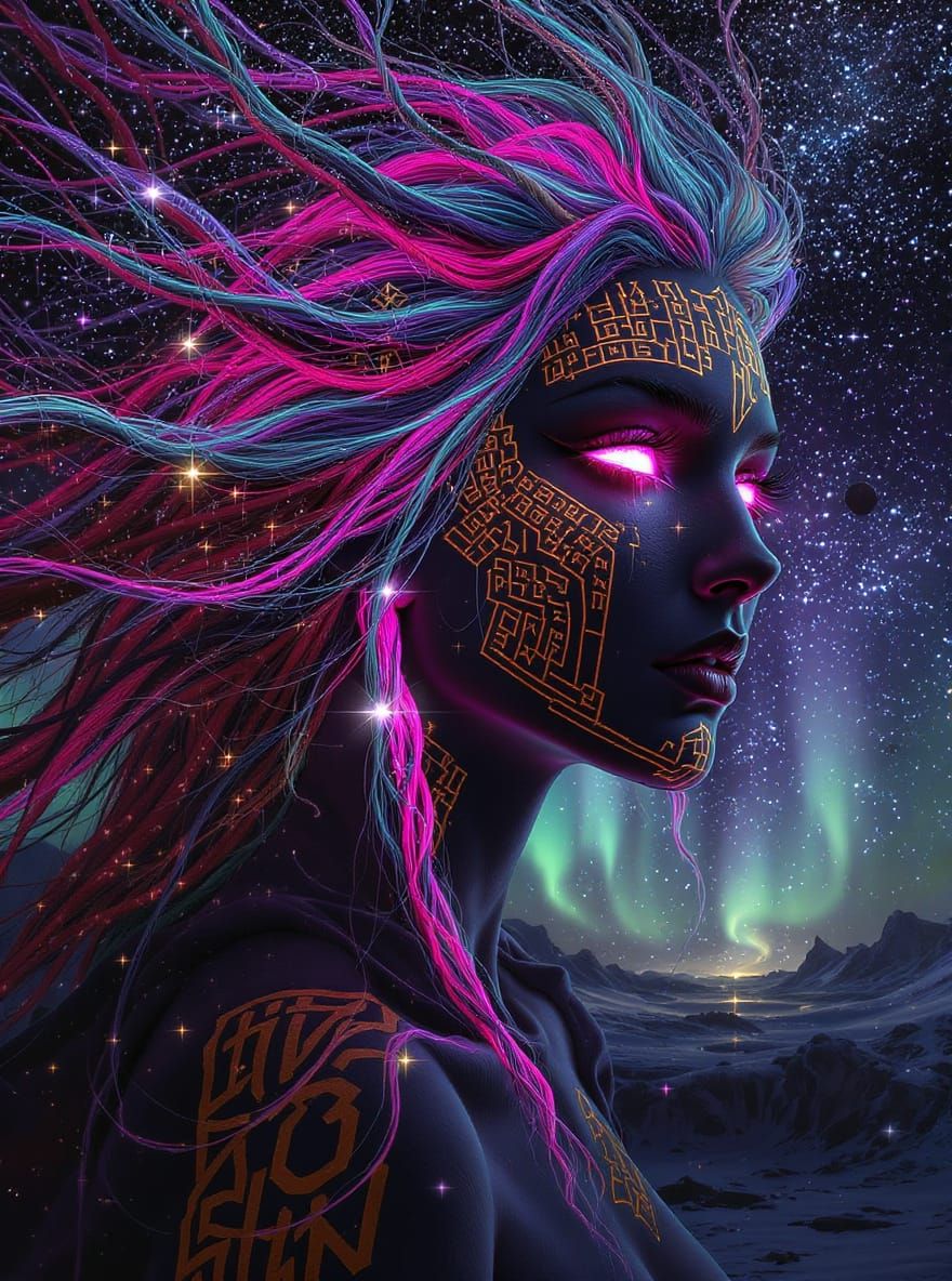 Surreal Cybernetic Woman Portrait with Cosmic Aurora