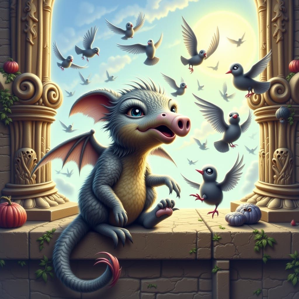 Adorable Baby Gargoyle Plays with Pigeons on Rooftop