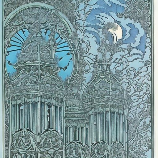 Ancient Castle with Full Moon in Art Nouveau Style