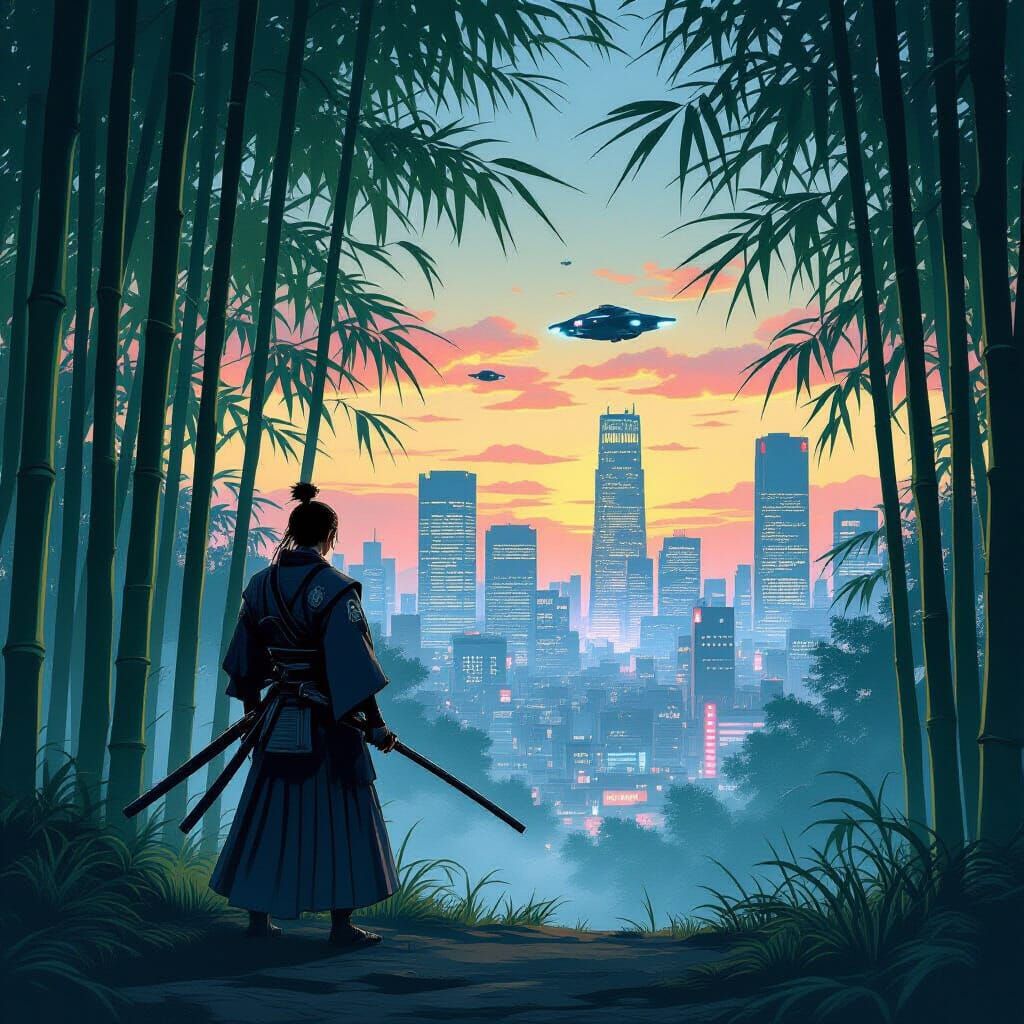Samurai in Bamboo Forest Meets Cyberpunk Cityscape