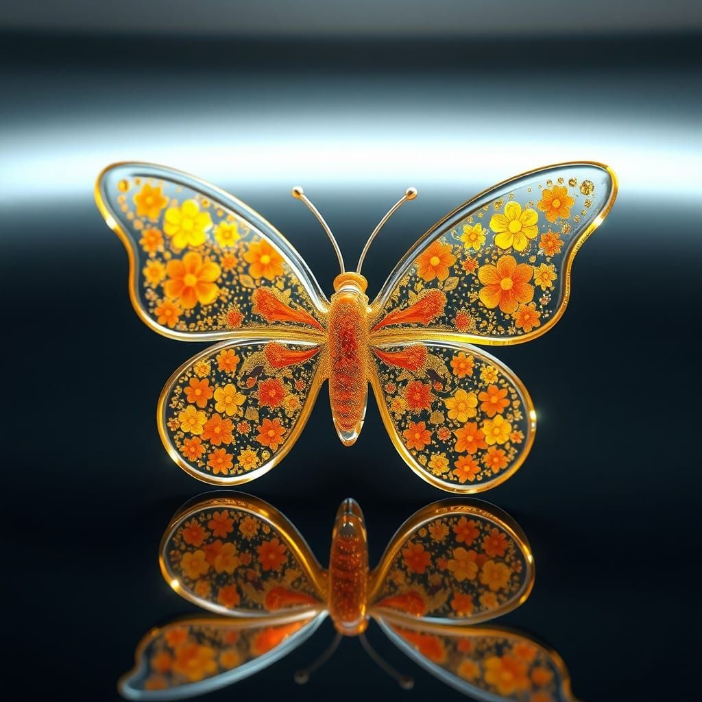 Glass Butterfly Sculpture with Floral Patterns and Gold Dust